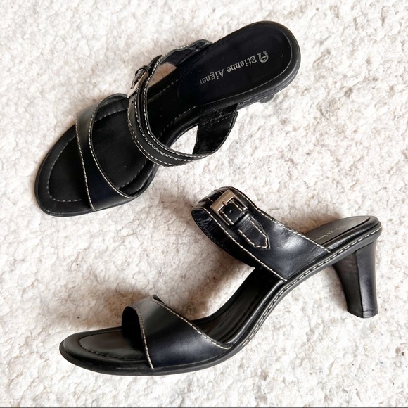 Etienne Aigner Black and Exposed Cream Stitching Buckle Slip On Sandal Heels - Picture 1 of 9